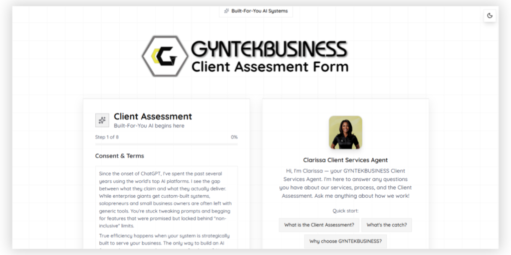 The GYNTEKBUSINESS Client Assessment Snapshot.